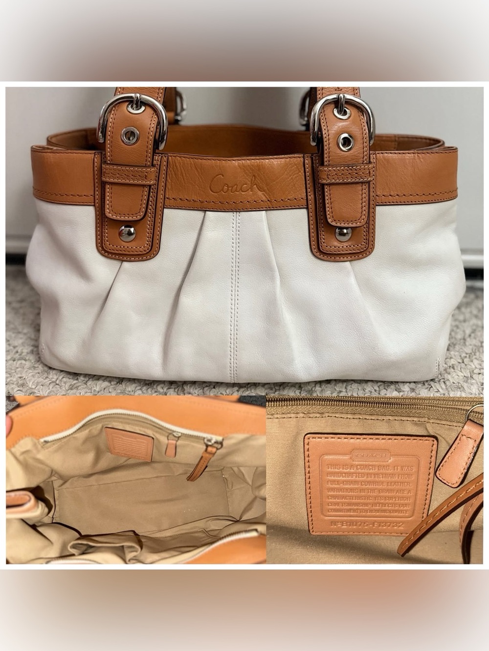 Coach Two-Tone Leather Shoulder Bag in White and Tan